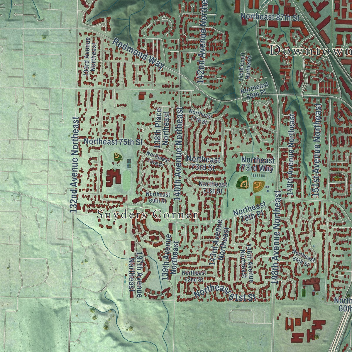 Second close-up of the map of Redmond, Washington print showing more streets and buildings