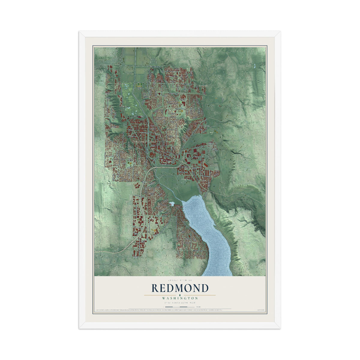 Map of Redmond, Washington, 12 x 18 inch print in a white wood frame