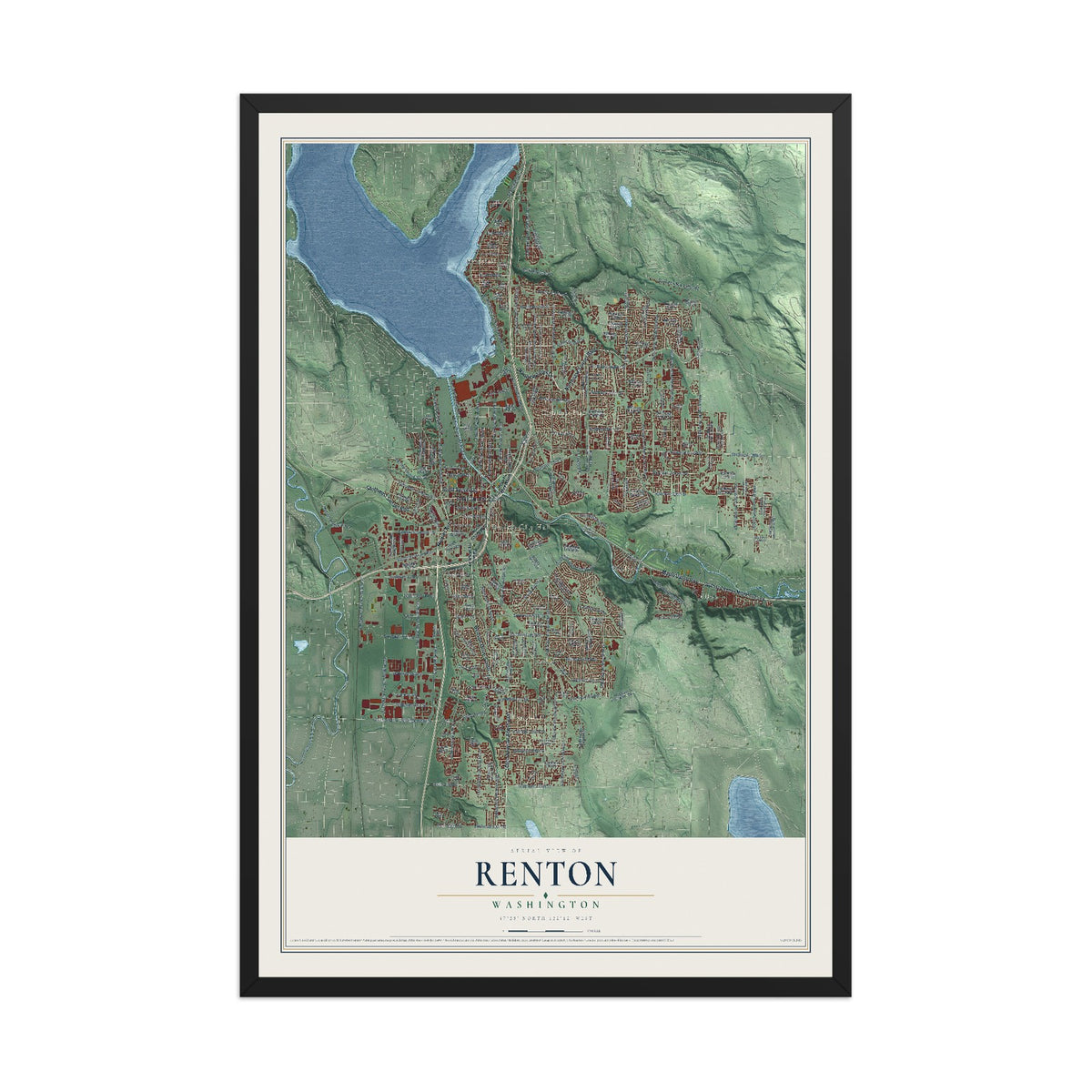 Map of Renton, Washington, 12 x 18 inch print in a black wood frame