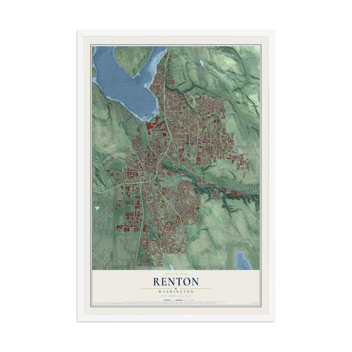 Map of Renton, Washington, 12 x 18 inch print in a white wood frame