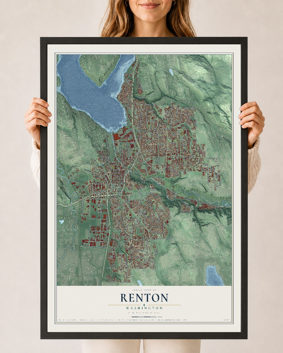 Map of Renton, Washington, 24 x 36 inch print in a black wood frame