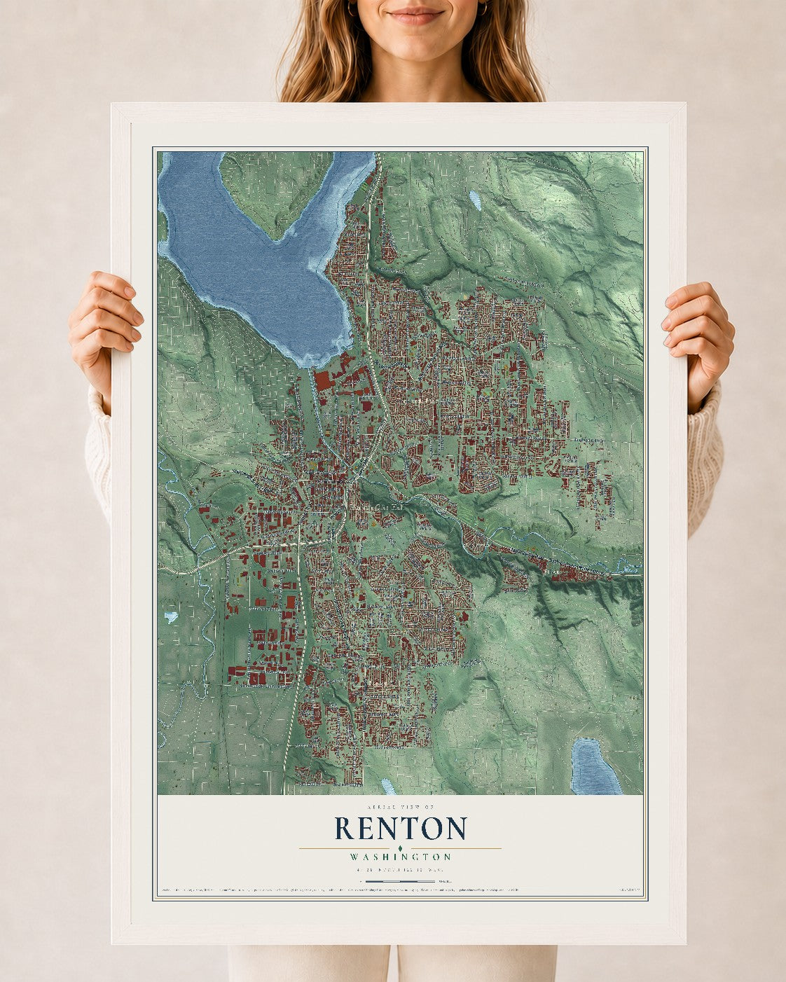 Map of Renton, Washington, 24 x 36 inch print in a white wood frame