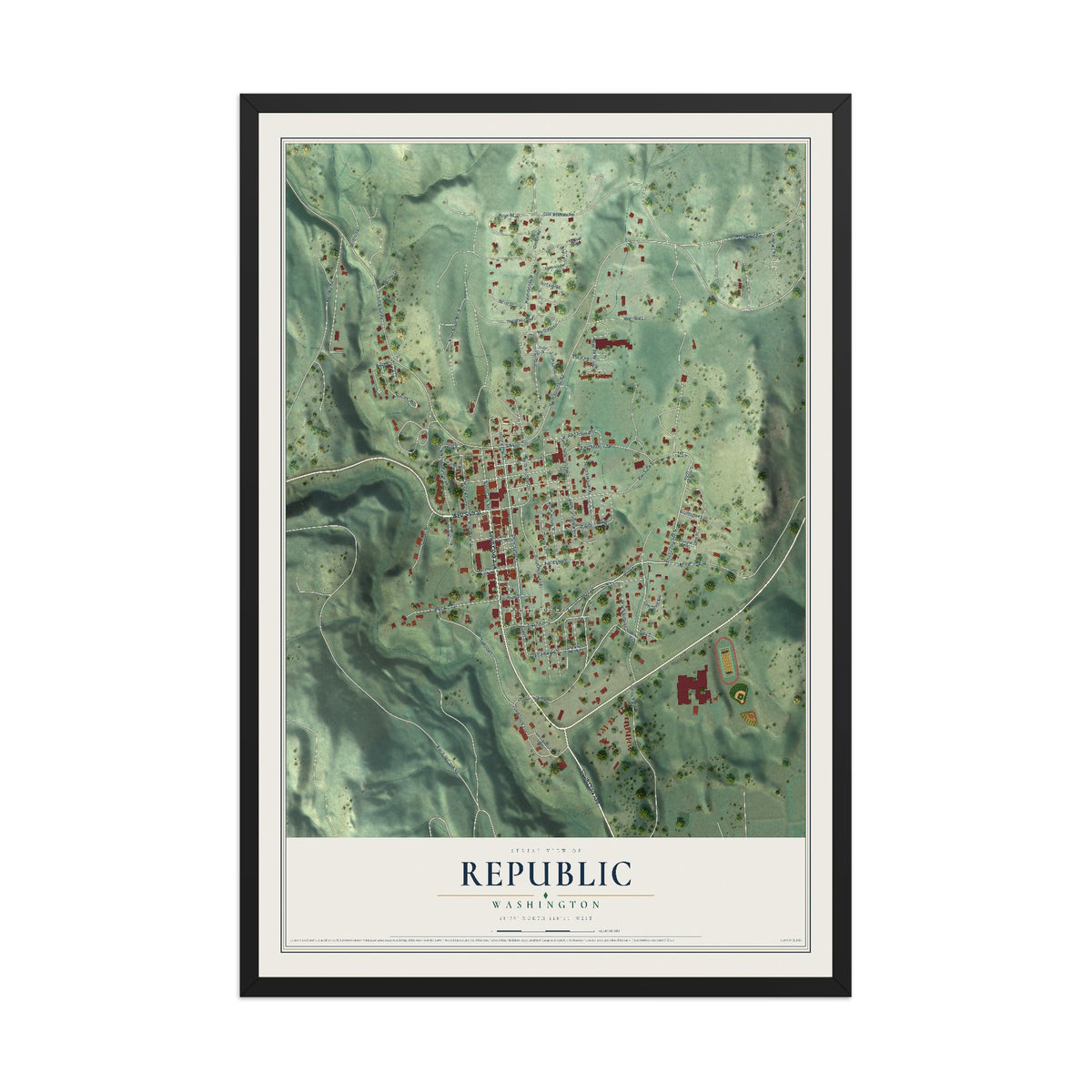 Map of Republic, Washington, 12 x 18 inch print in a black wood frame