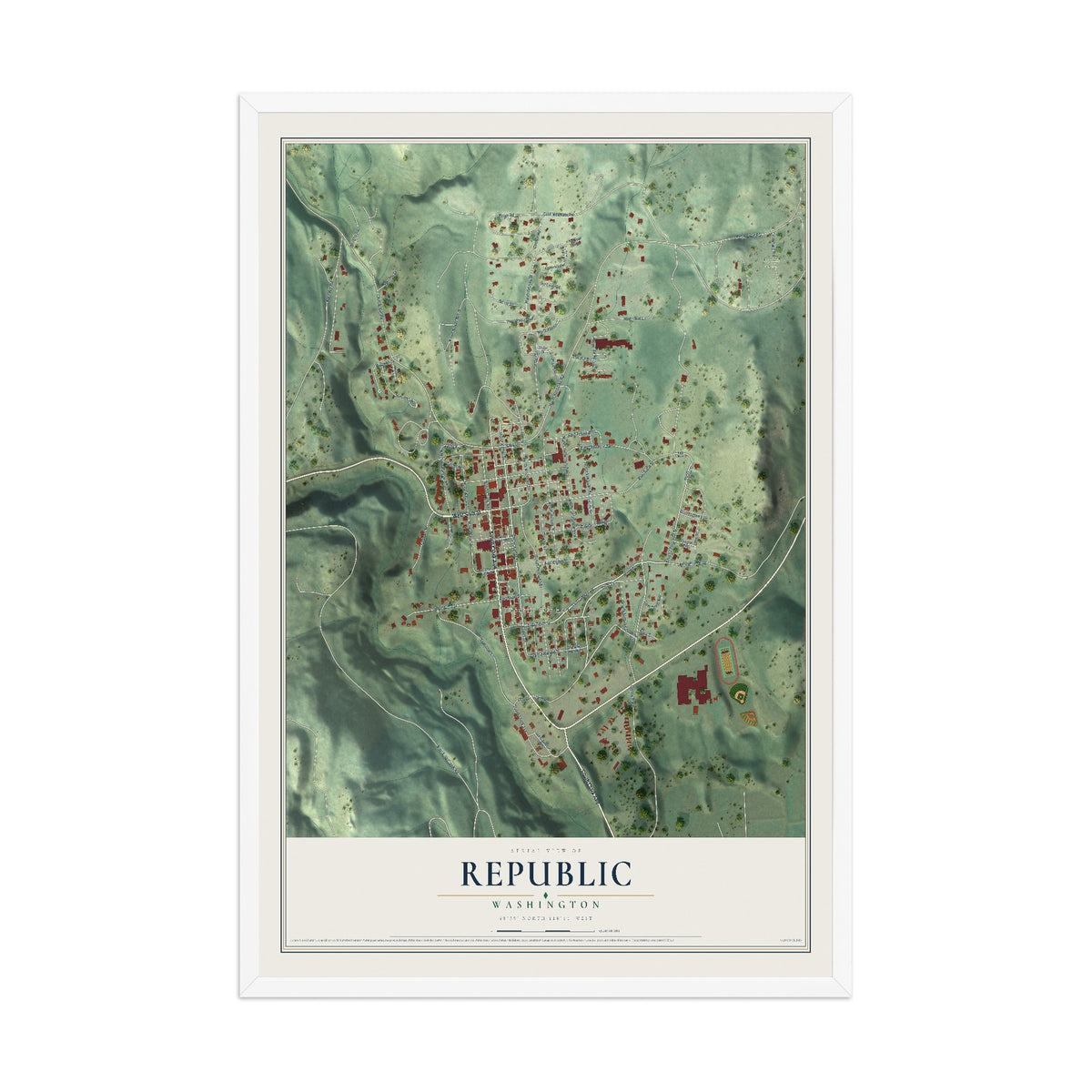 Map of Republic, Washington, 12 x 18 inch print in a white wood frame