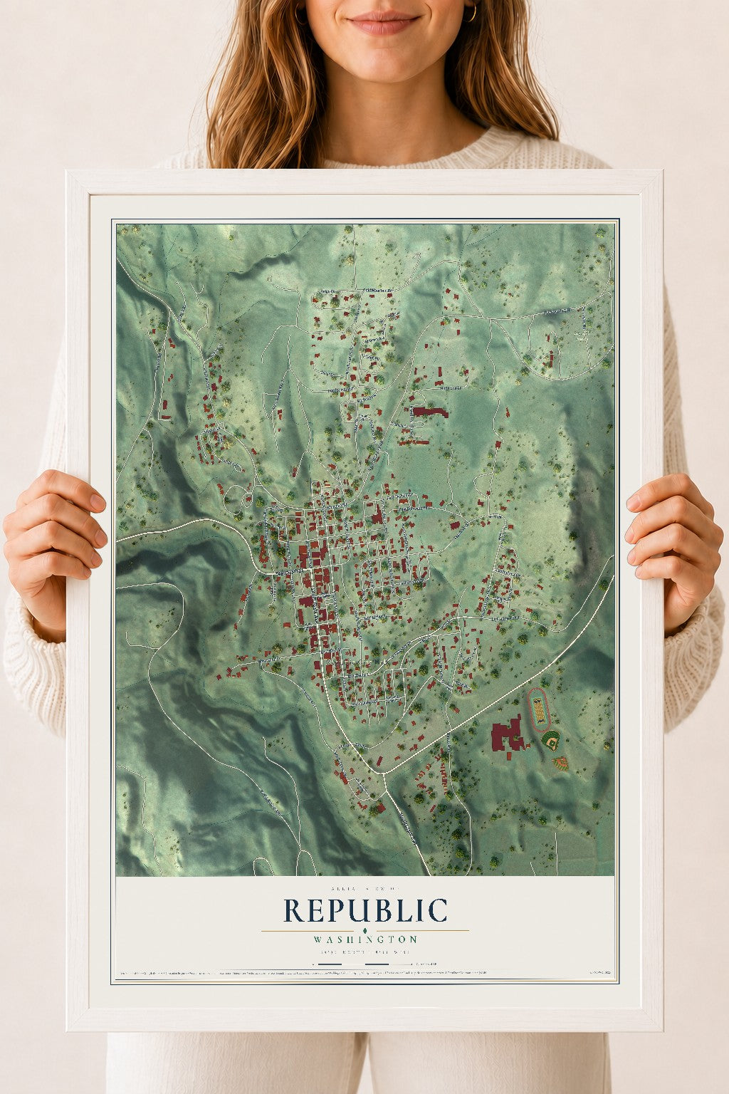 Map of Republic, Washington, 18 x 24 inch print in a white wood frame