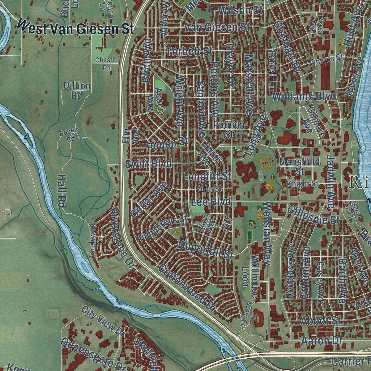 Close-up of the map of Richland, Washington print showing street and building detail