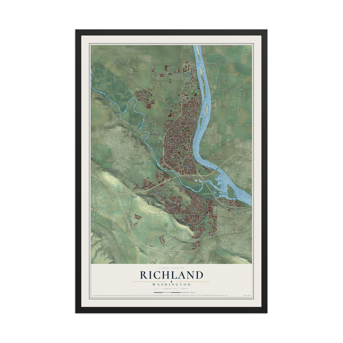 Map of Richland, Washington, 12 x 18 inch print in a black wood frame