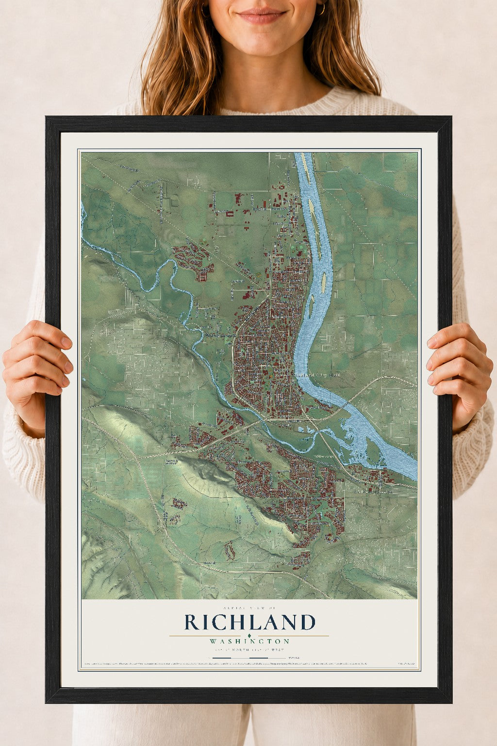 Map of Richland, Washington, 18 x 24 inch print in a black wood frame
