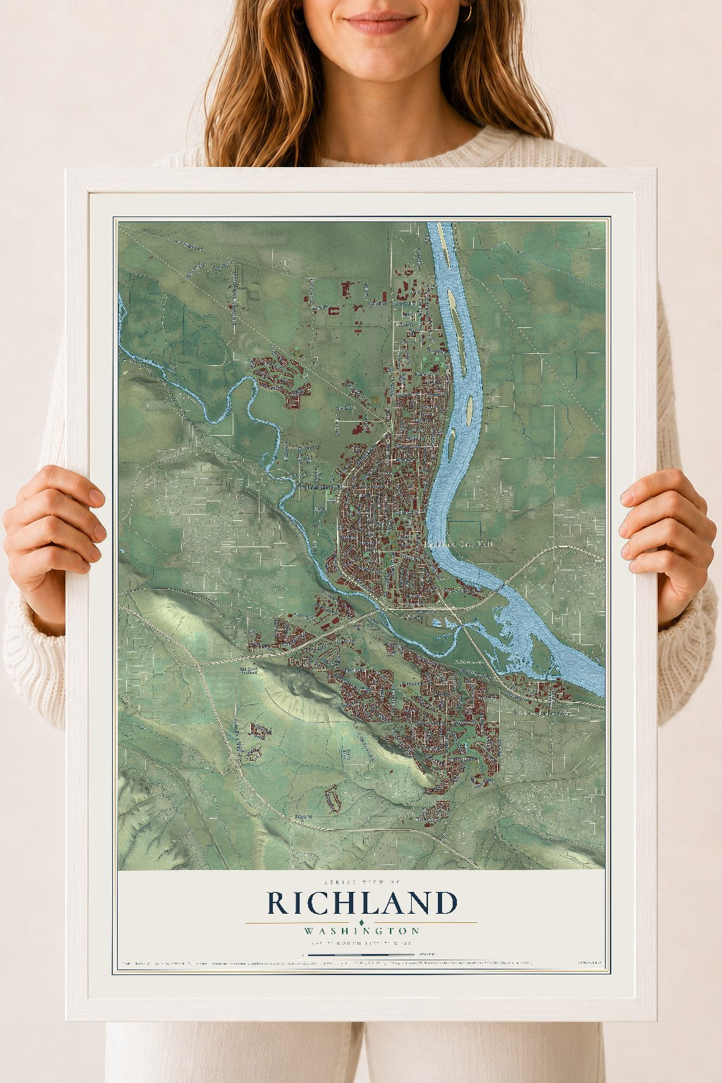 Map of Richland, Washington, 18 x 24 inch print in a white wood frame