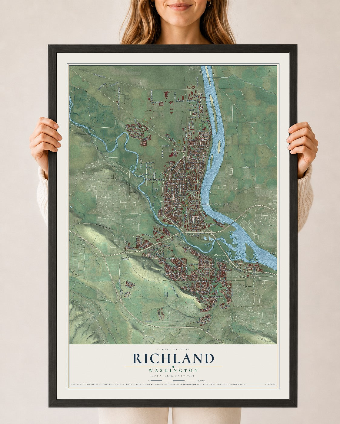 Map of Richland, Washington, 24 x 36 inch print in a black wood frame