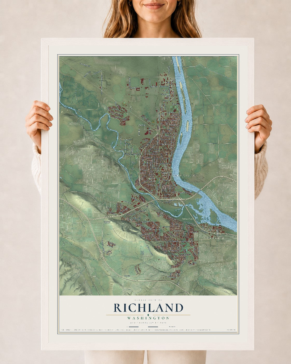 Map of Richland, Washington, 24 x 36 inch print in a white wood frame