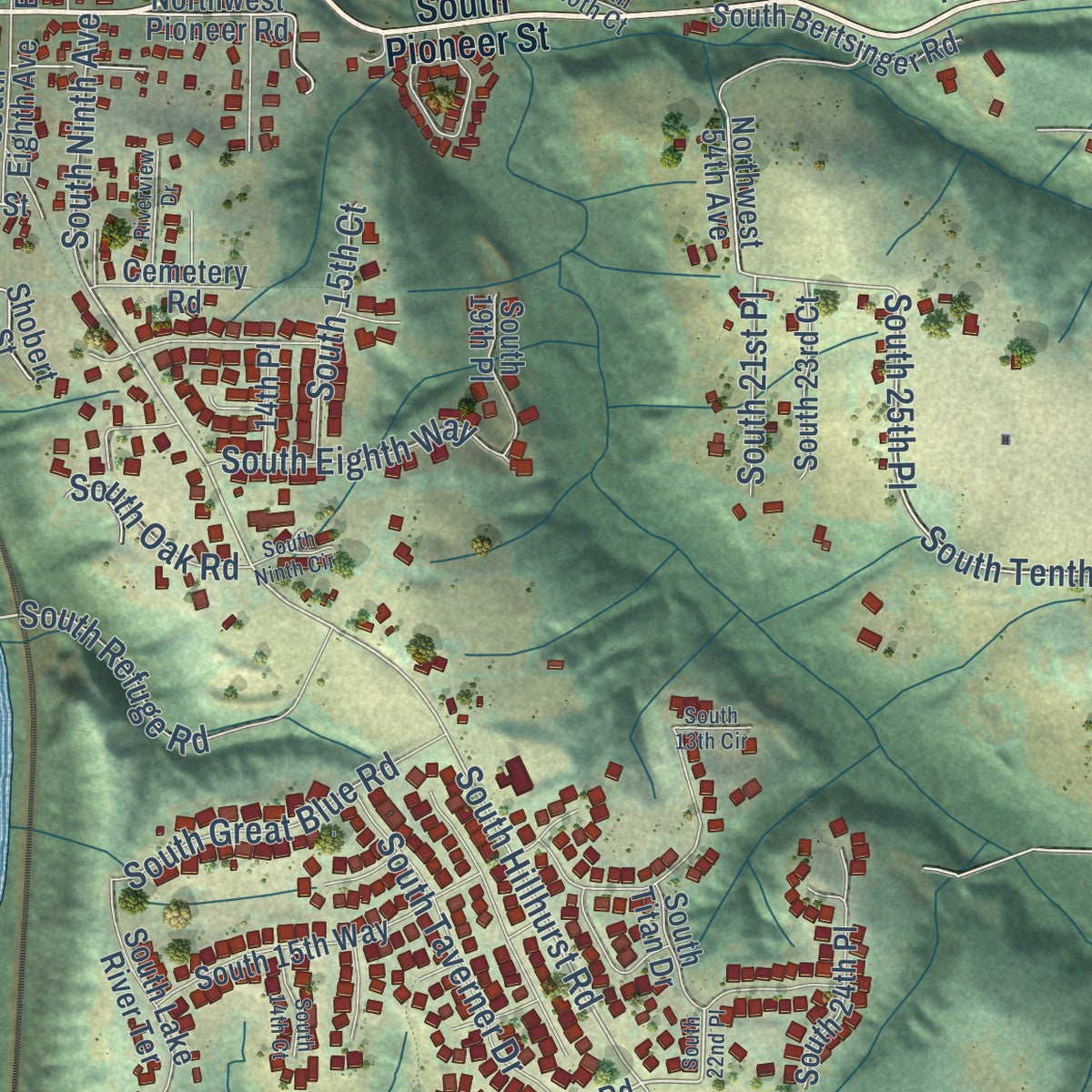 Close-up of the map of Ridgefield, Washington print showing street and building detail