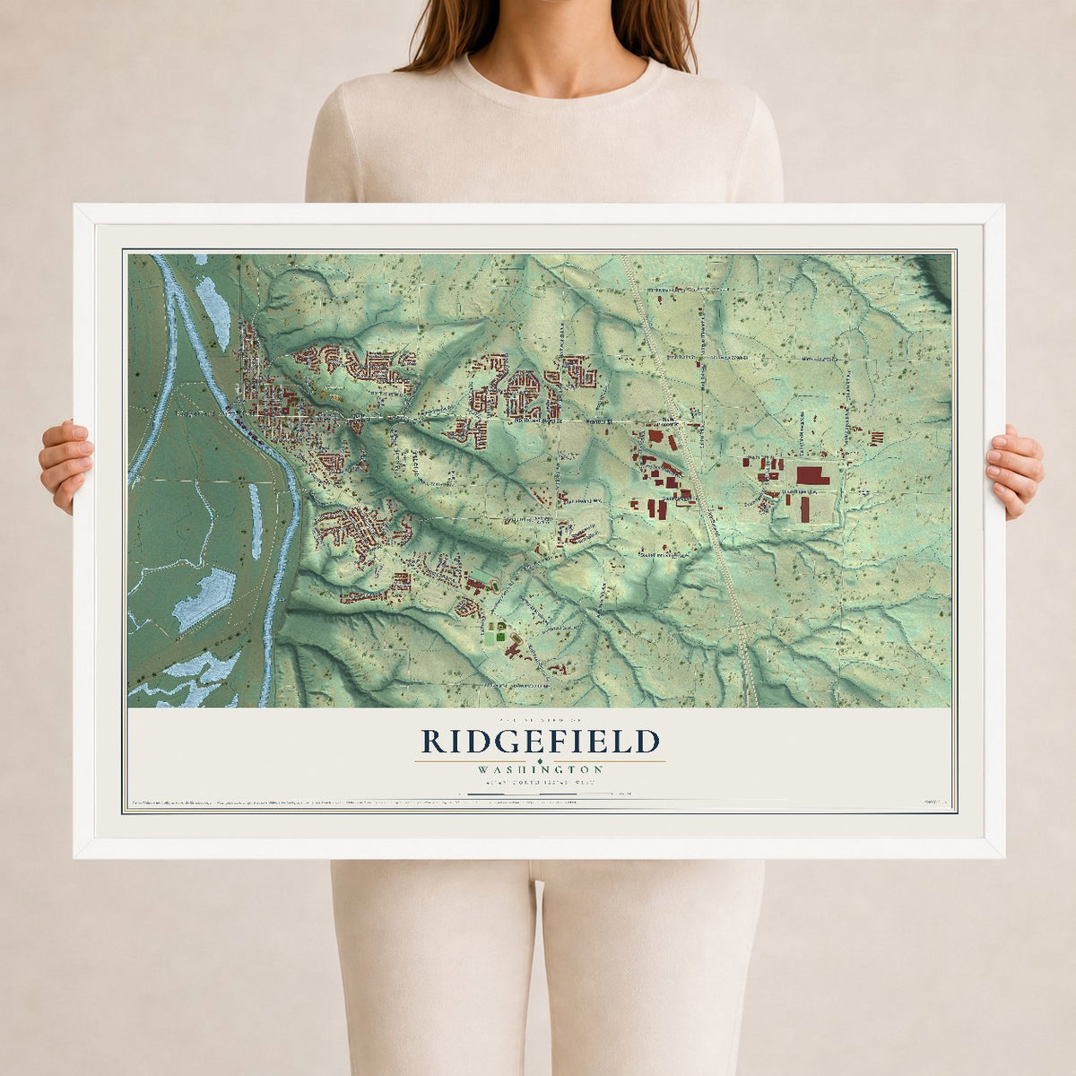 Map of Ridgefield, Washington, 24 x 36 inch print in a white wood frame