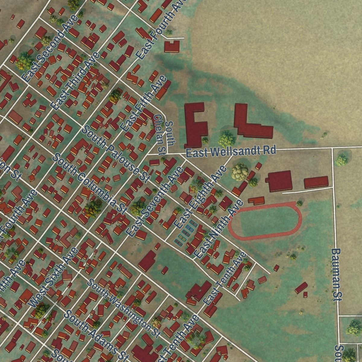 Close-up of the map of Ritzville, Washington print showing street and building detail