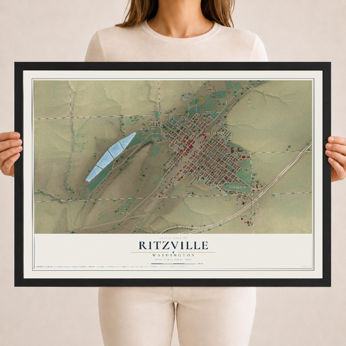 Map of Ritzville, Washington, 18 x 24 inch print in a black wood frame