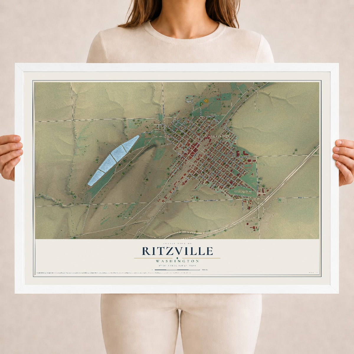 Map of Ritzville, Washington, 18 x 24 inch print in a white wood frame