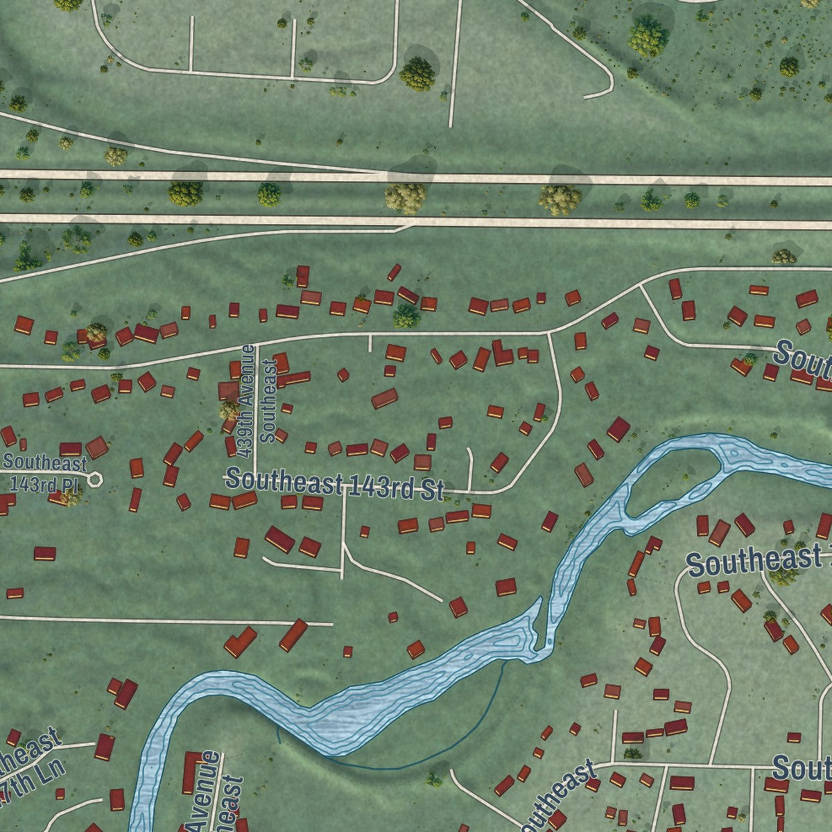 Close-up of the map of Riverbend, Washington print showing street and building detail