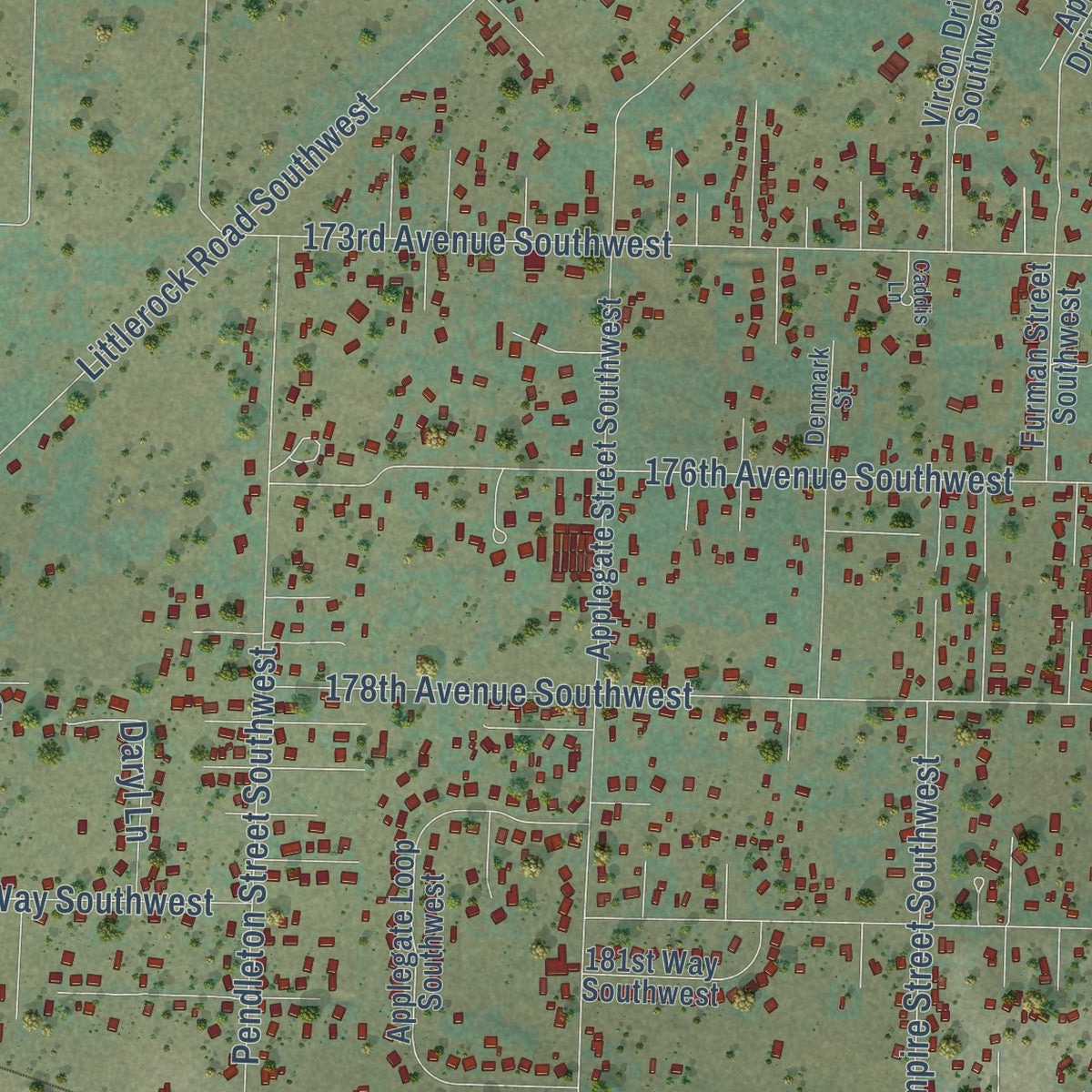Close-up of the map of Rochester, Washington print showing street and building detail
