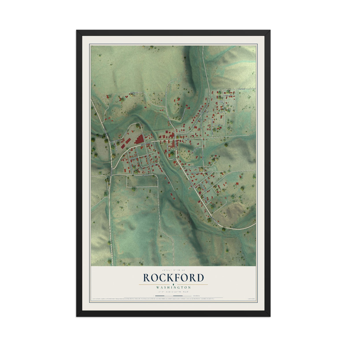 Map of Rockford, Washington, 12 x 18 inch print in a black wood frame