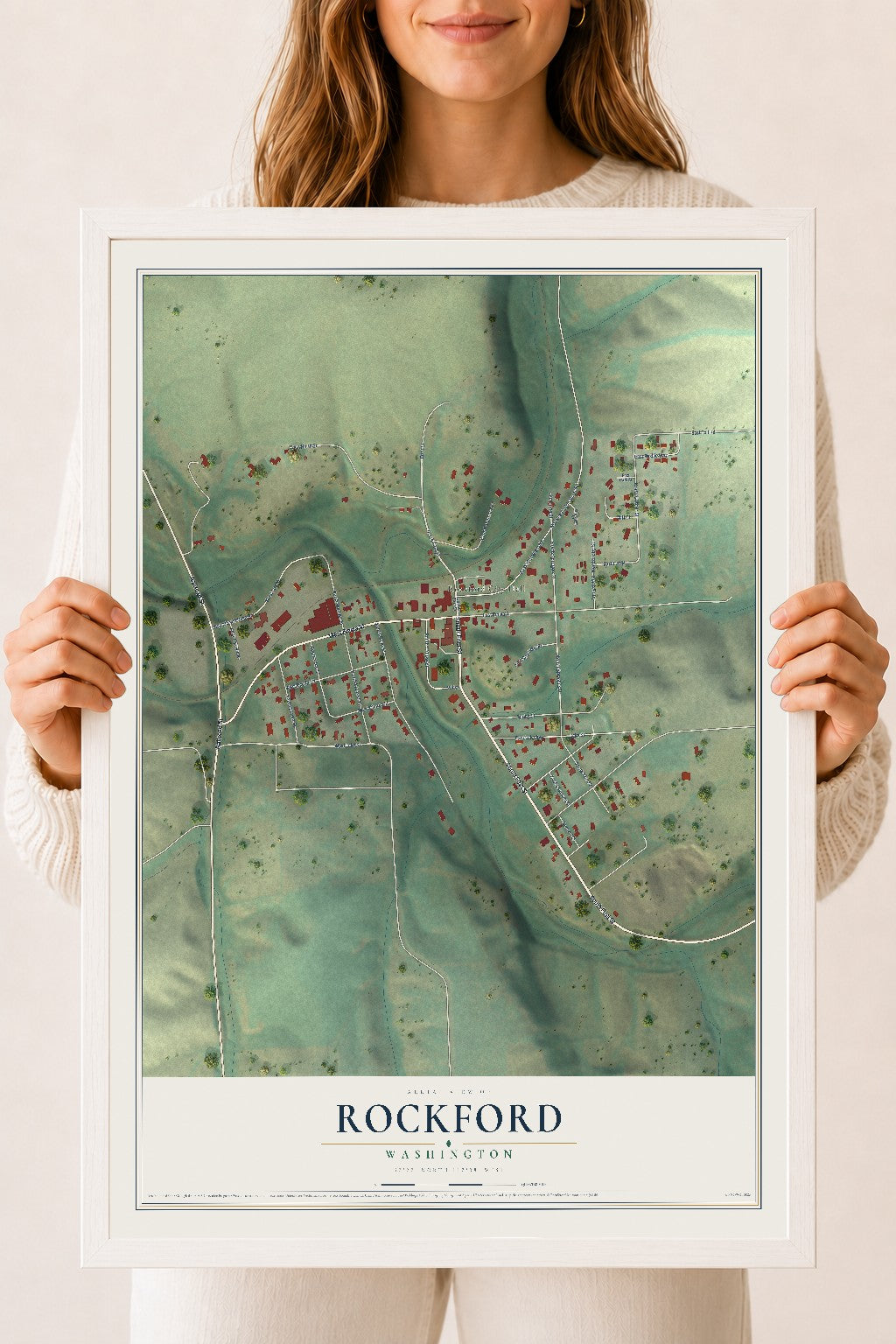 Map of Rockford, Washington, 18 x 24 inch print in a white wood frame