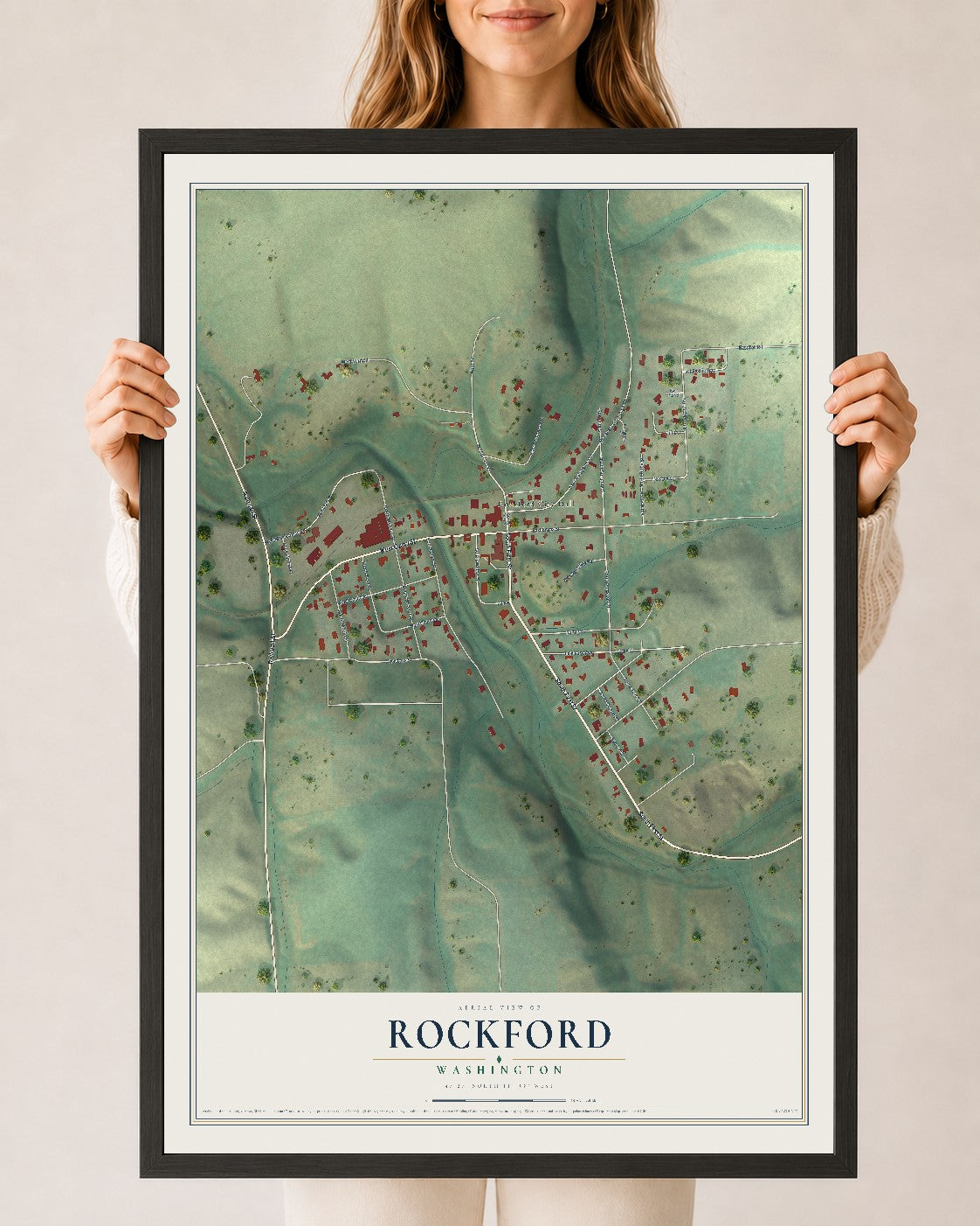 Map of Rockford, Washington, 24 x 36 inch print in a black wood frame