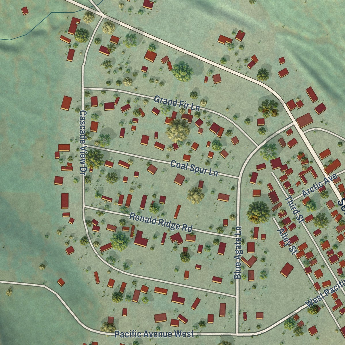 Close-up of the map of Ronald, Washington print showing street and building detail