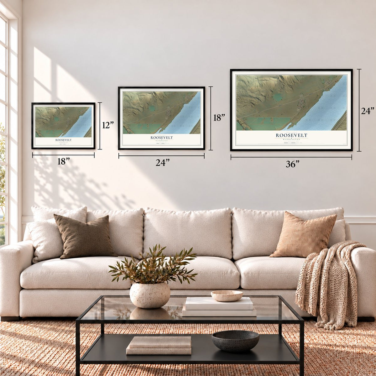 Roosevelt, Washington map in 12 x 18, 18 x 24 and 24 x 36 inch sizes above a sofa