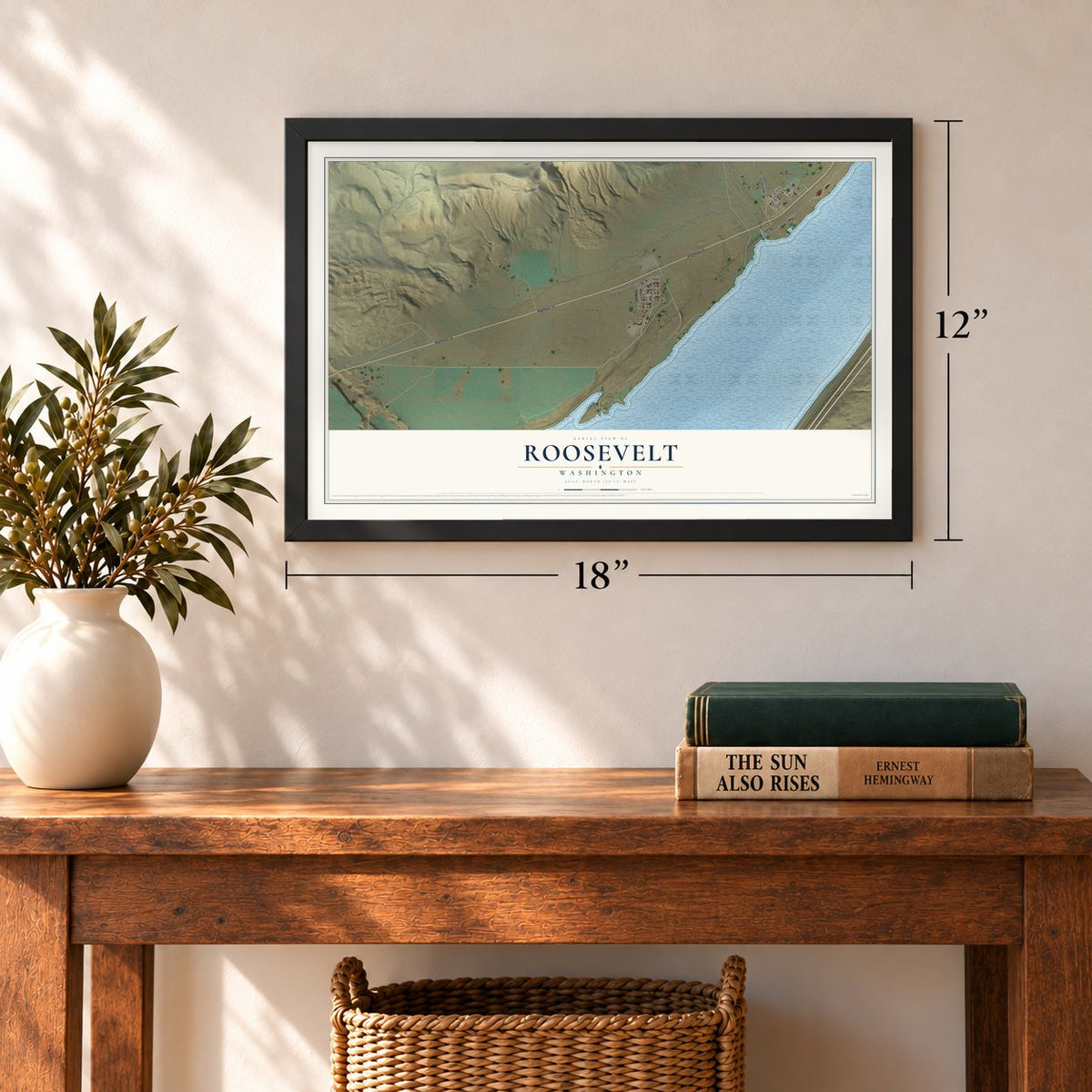 Roosevelt, Washington map, 12 x 18 inch print in a black frame in an entryway
