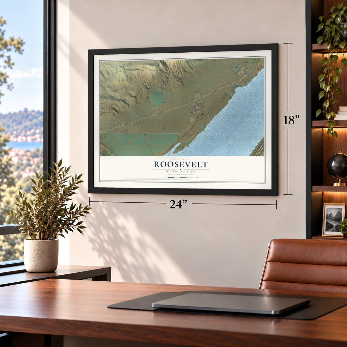 Roosevelt, Washington map, 18 x 24 inch print in a black frame in a home office
