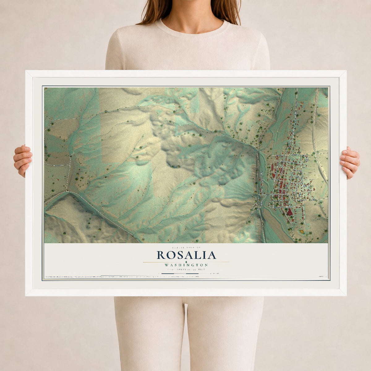 Map of Rosalia, Washington, 24 x 36 inch print in a white wood frame