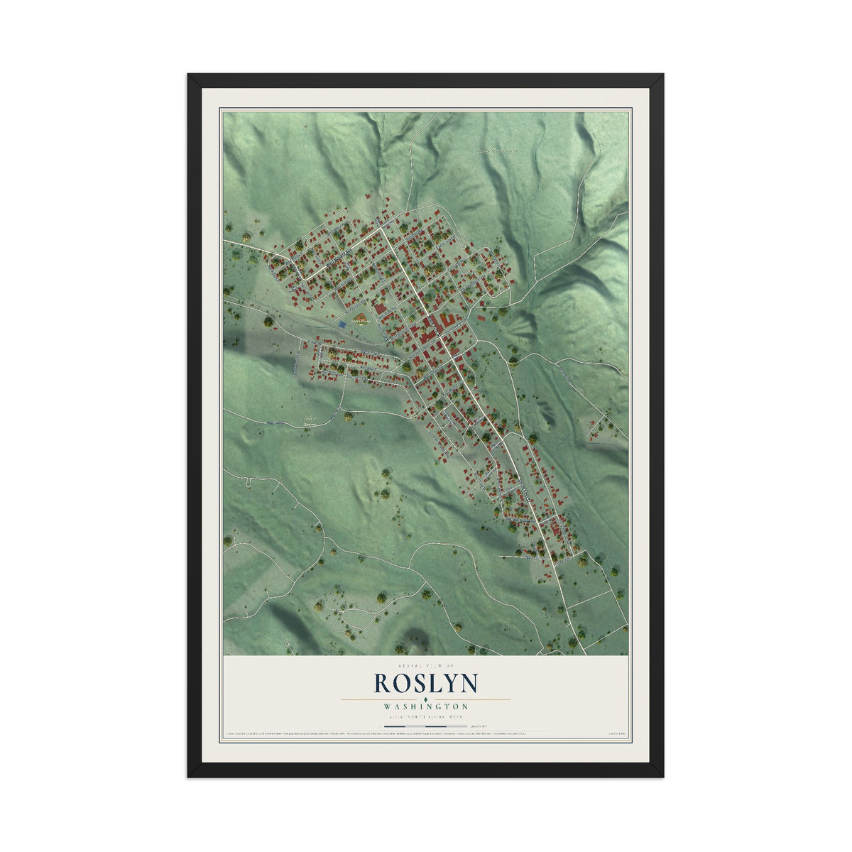 Map of Roslyn, Washington, 12 x 18 inch print in a black wood frame