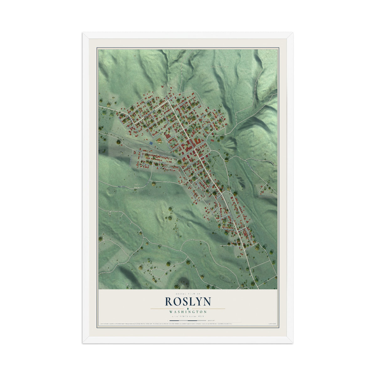 Map of Roslyn, Washington, 12 x 18 inch print in a white wood frame
