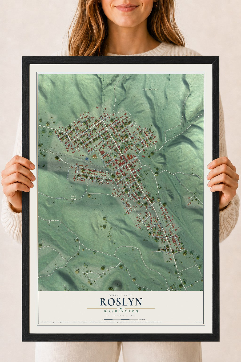 Map of Roslyn, Washington, 18 x 24 inch print in a black wood frame