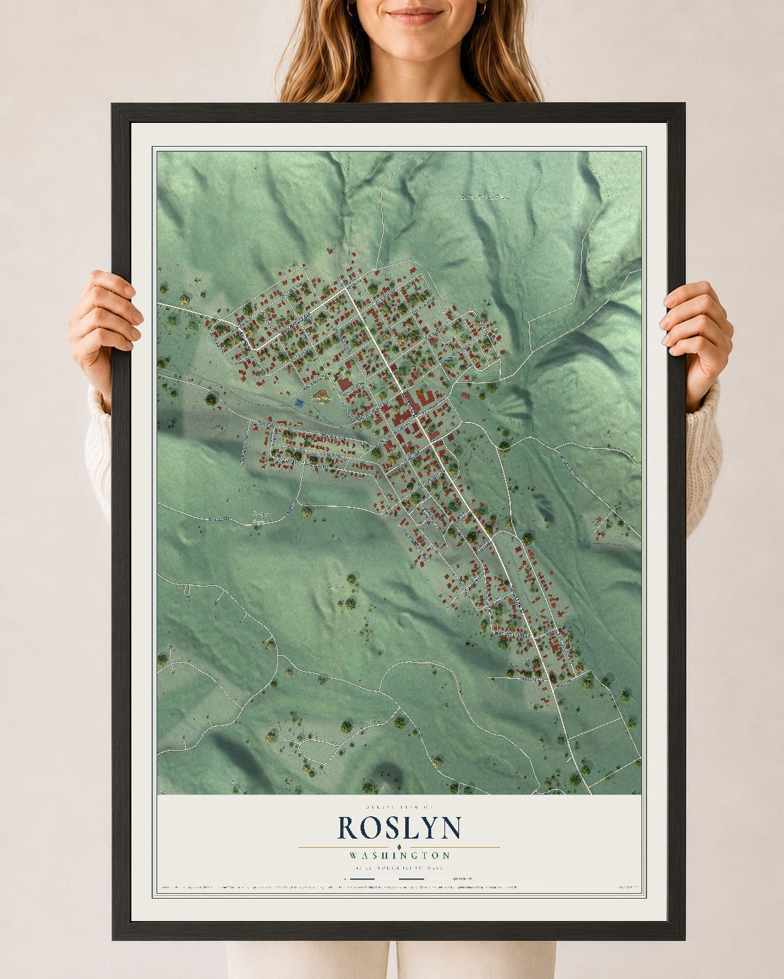 Map of Roslyn, Washington, 24 x 36 inch print in a black wood frame