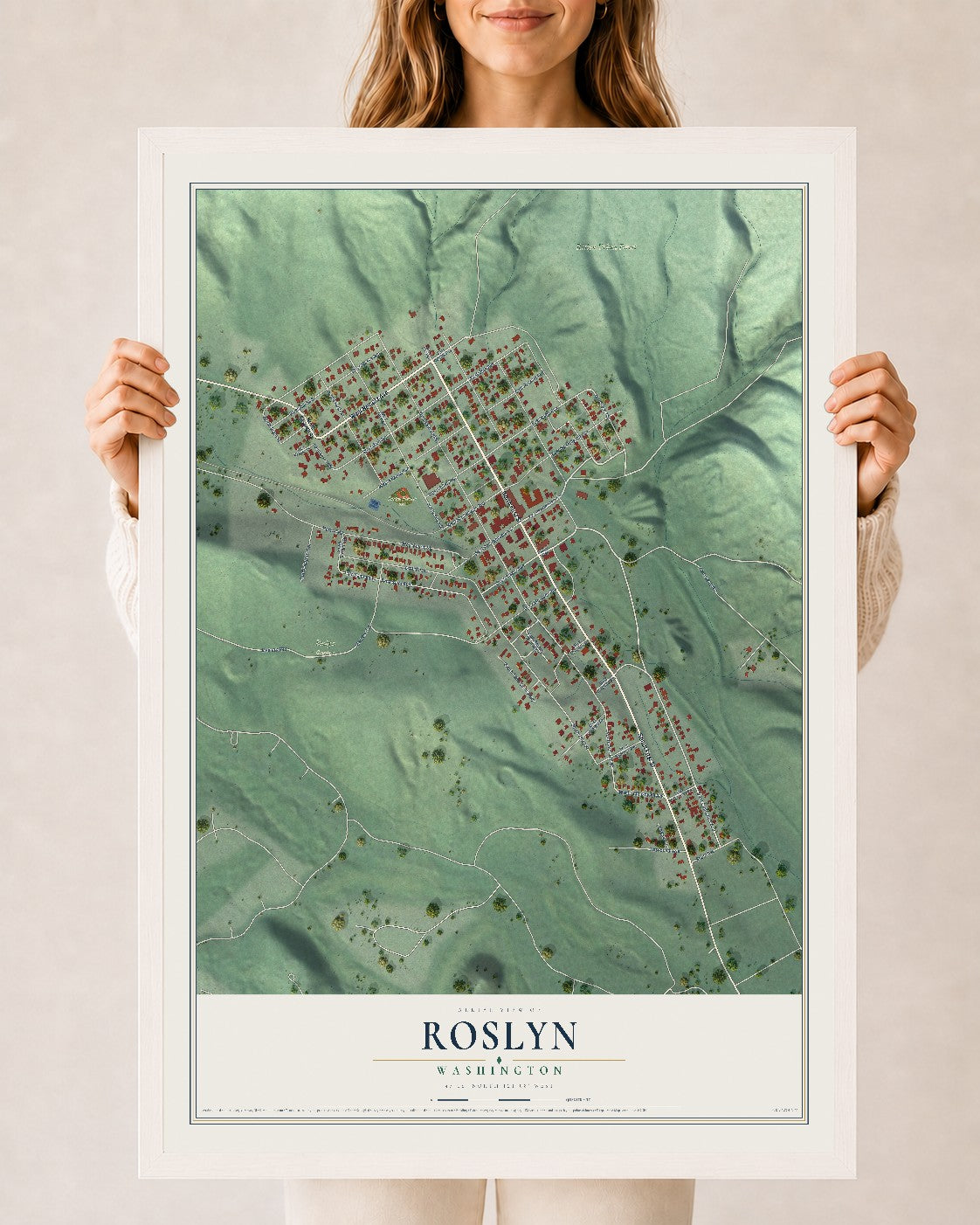 Map of Roslyn, Washington, 24 x 36 inch print in a white wood frame