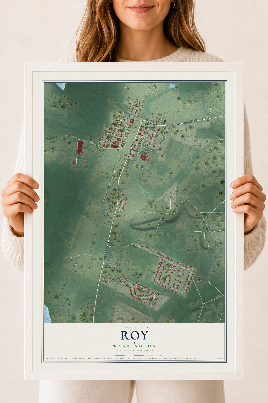 Map of Roy, Washington, 18 x 24 inch print in a white wood frame