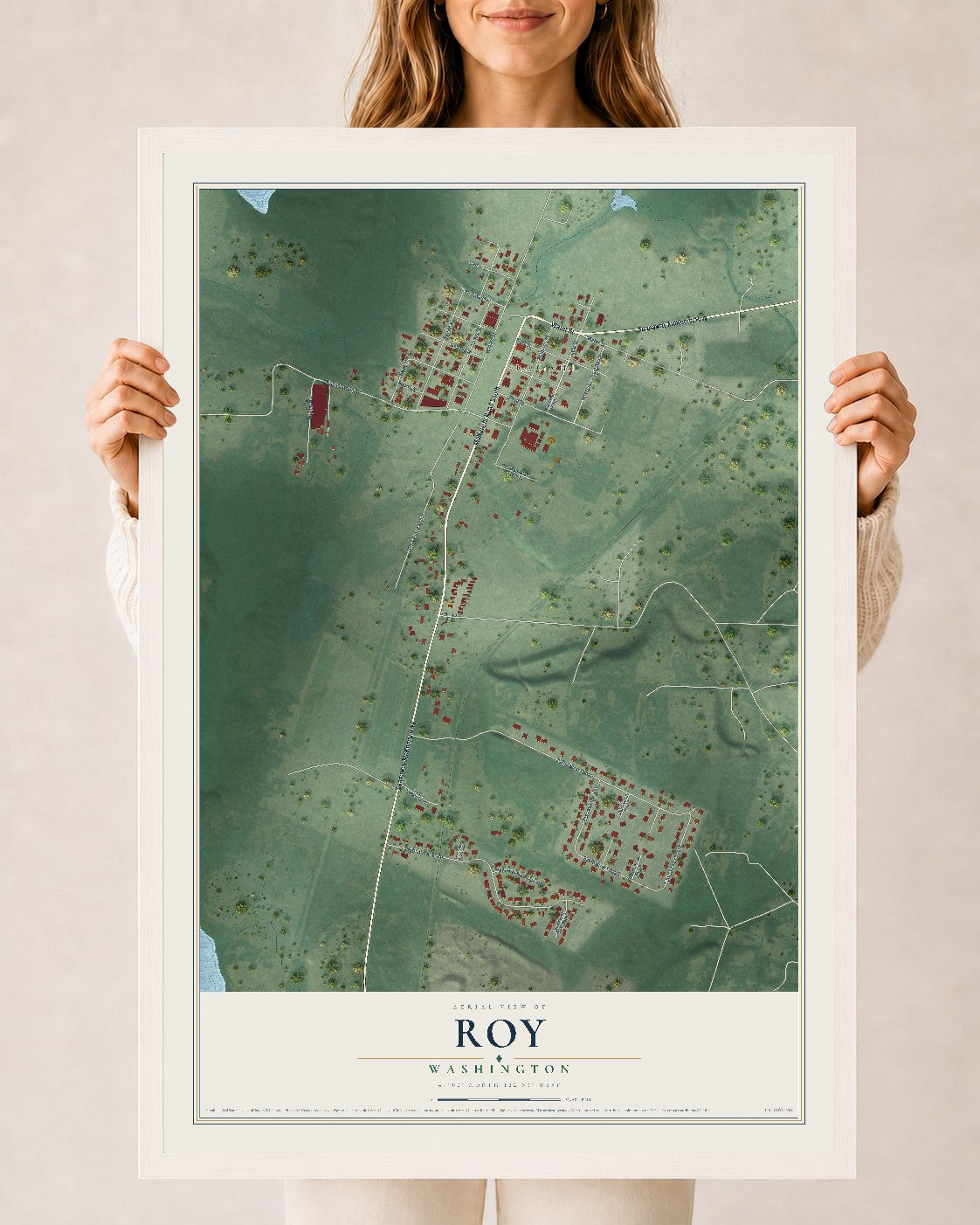 Map of Roy, Washington, 24 x 36 inch print in a white wood frame
