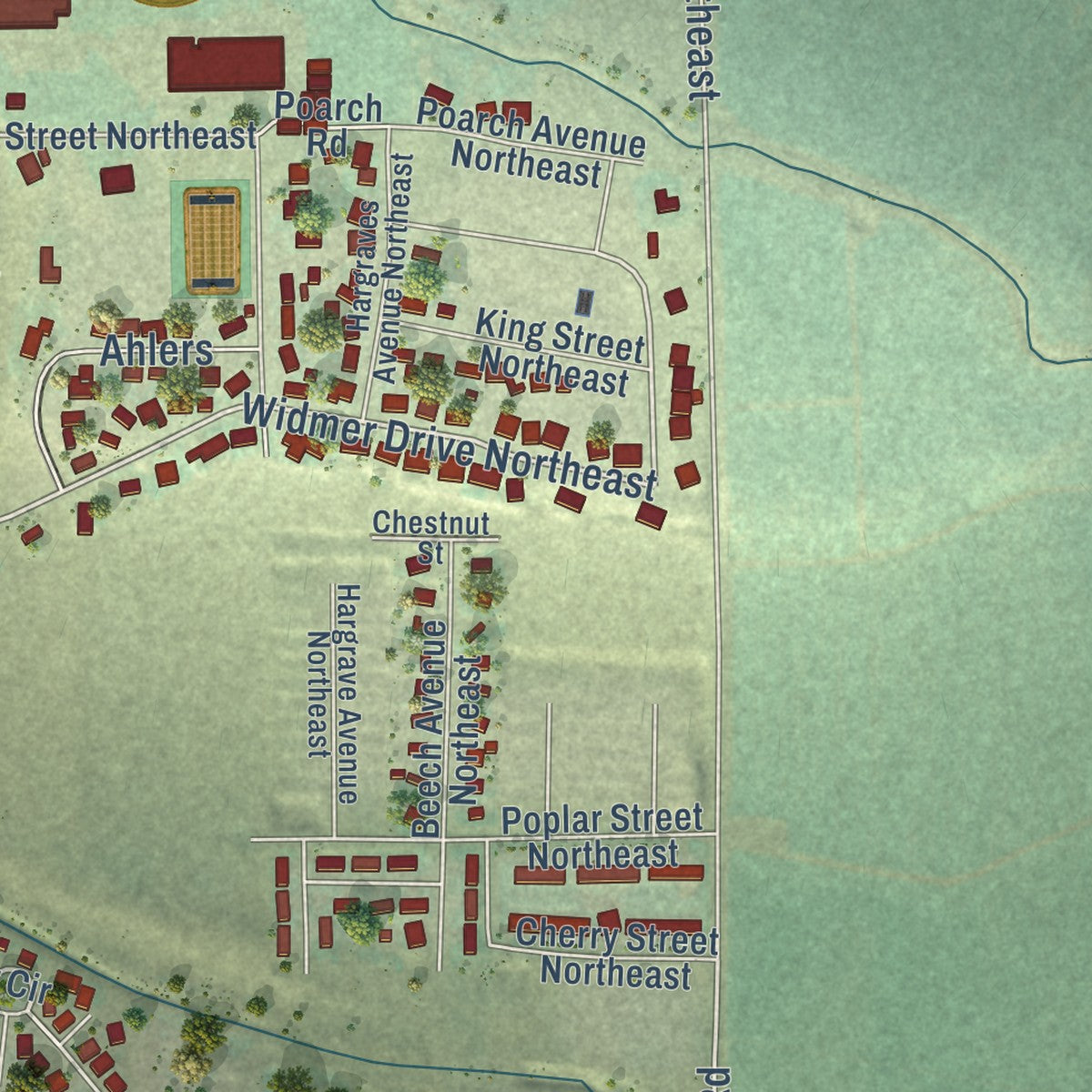 Close-up of the map of Royal City, Washington print showing street and building detail