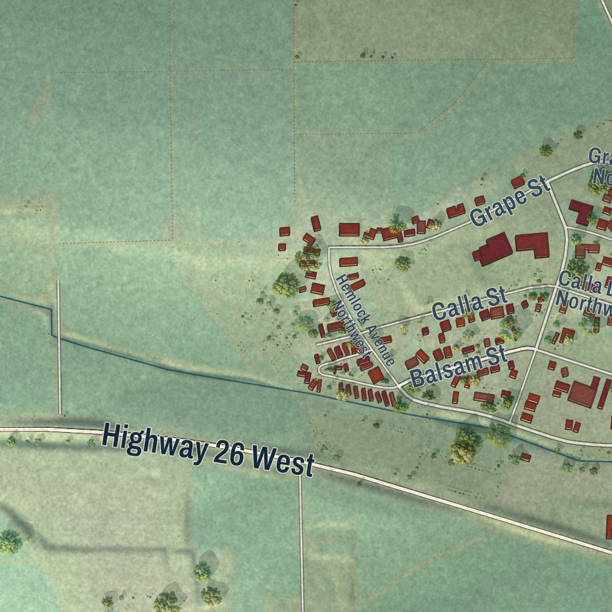 Second close-up of the map of Royal City, Washington print showing more streets and buildings