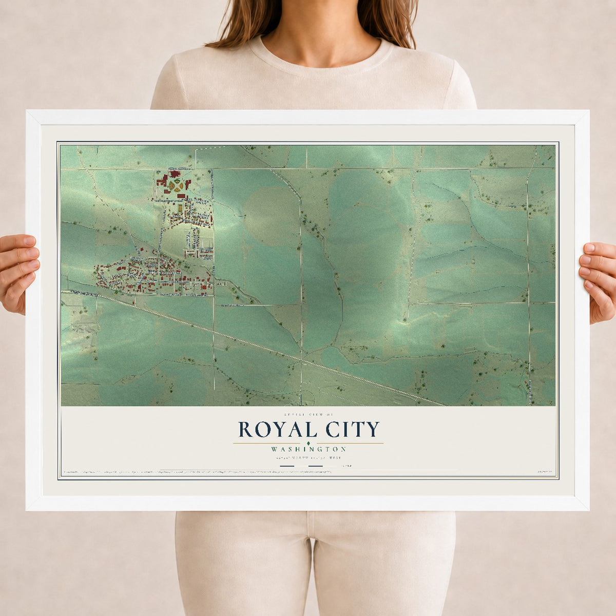 Map of Royal City, Washington, 18 x 24 inch print in a white wood frame