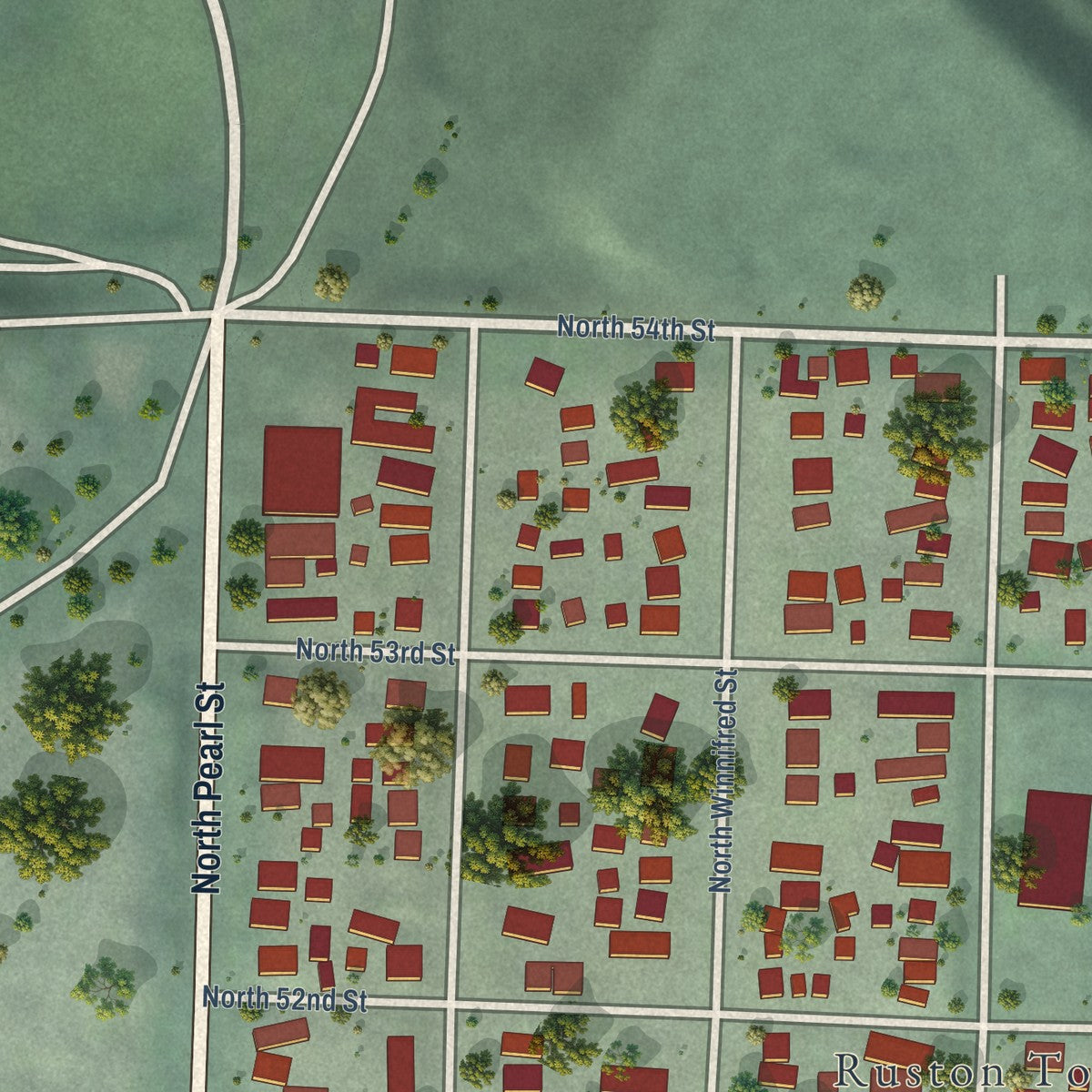 Second close-up of the map of Ruston, Washington print showing more streets and buildings