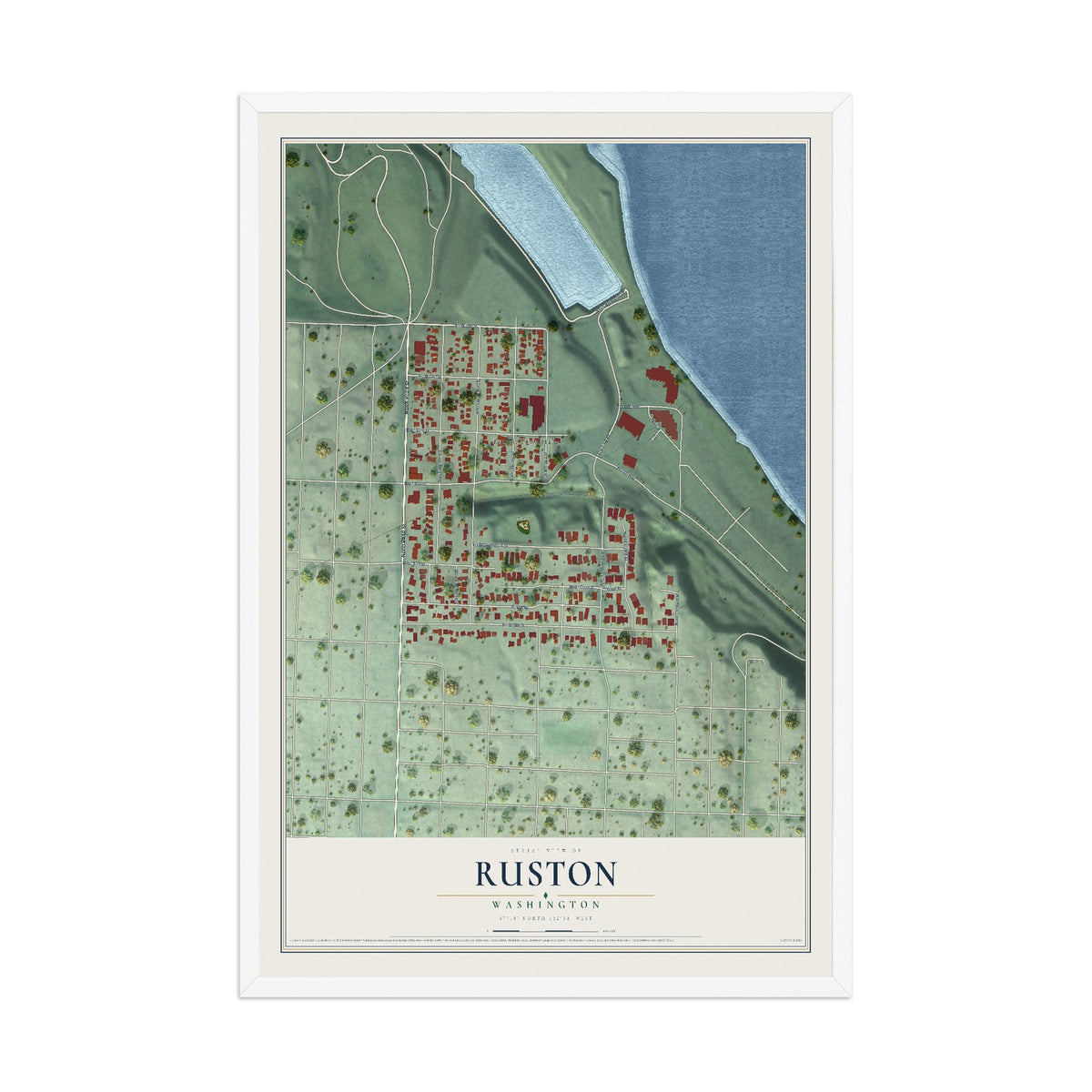 Map of Ruston, Washington, 12 x 18 inch print in a white wood frame