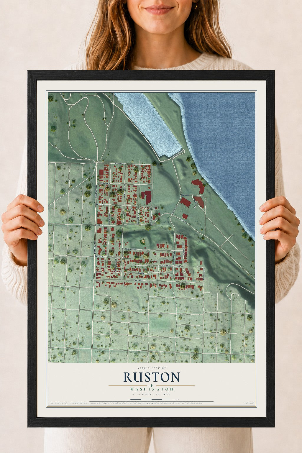 Map of Ruston, Washington, 18 x 24 inch print in a black wood frame