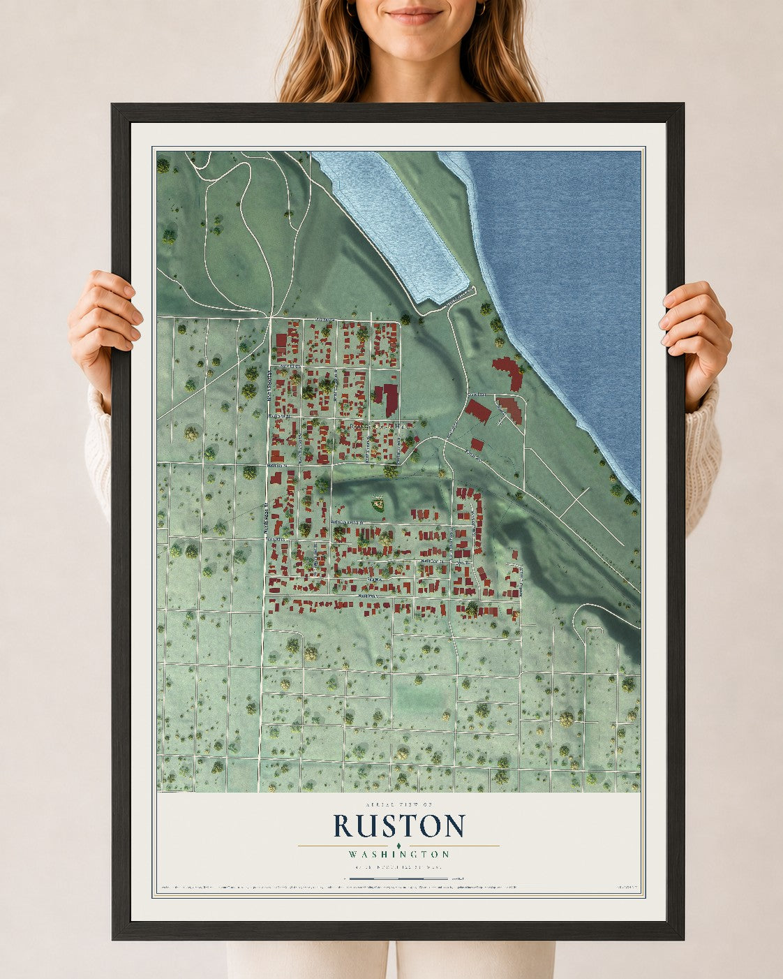 Map of Ruston, Washington, 24 x 36 inch print in a black wood frame
