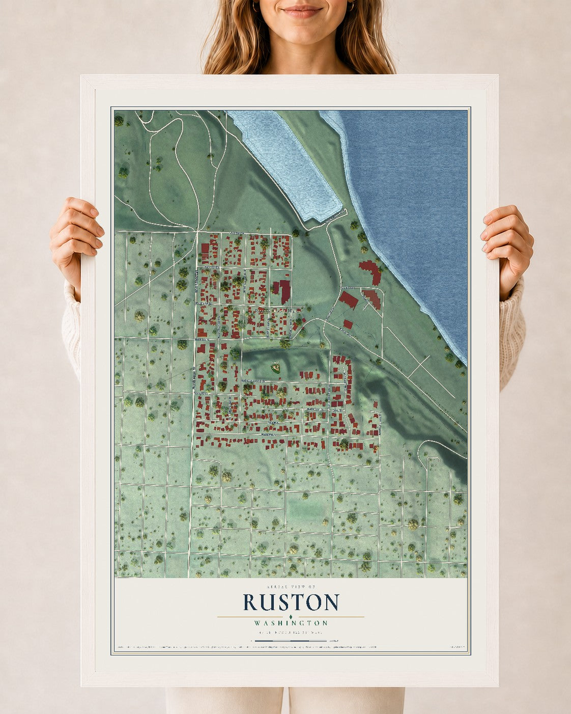 Map of Ruston, Washington, 24 x 36 inch print in a white wood frame