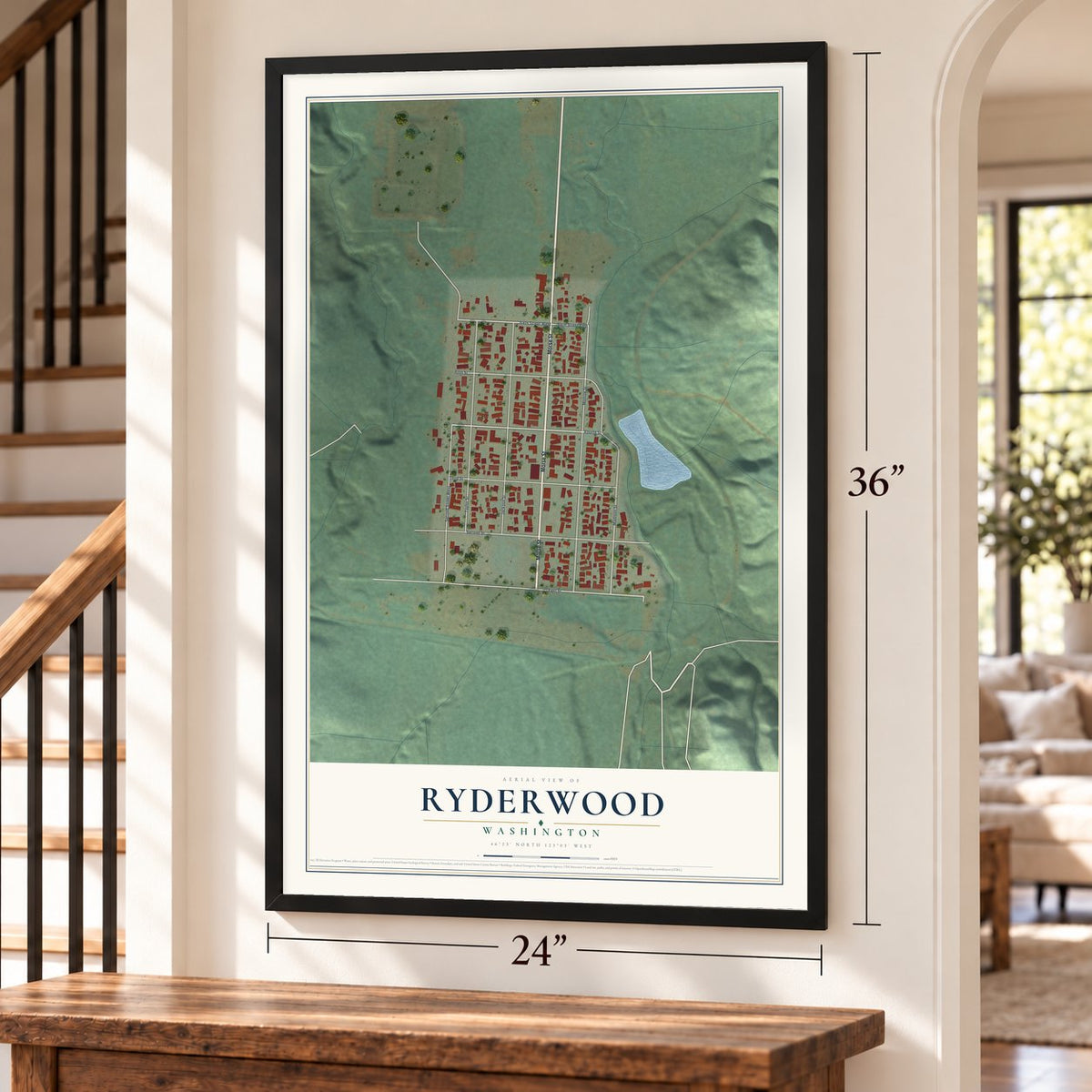 Ryderwood, Washington map, 24 x 36 inch print in a black frame by a staircase