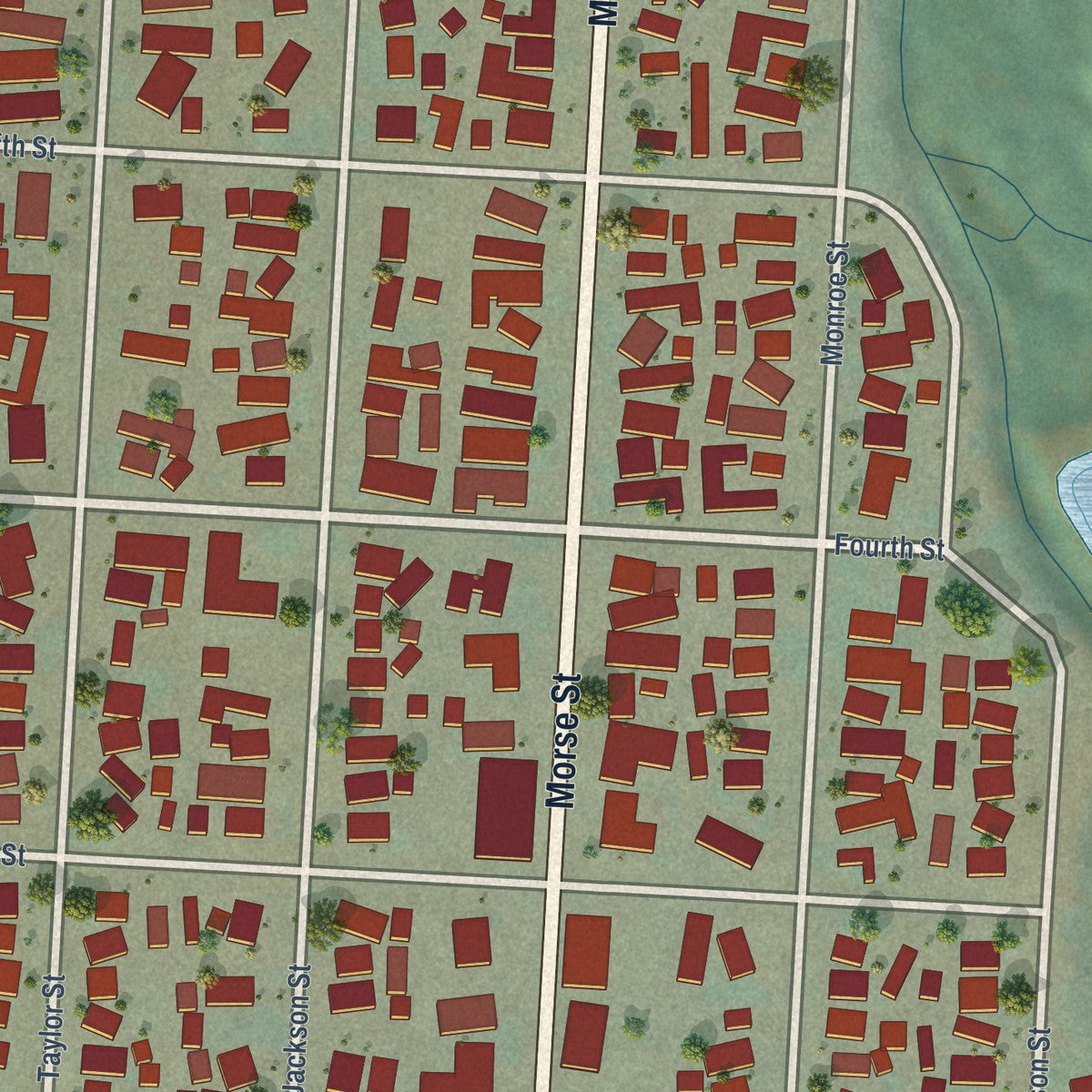 Close-up of the map of Ryderwood, Washington print showing street and building detail