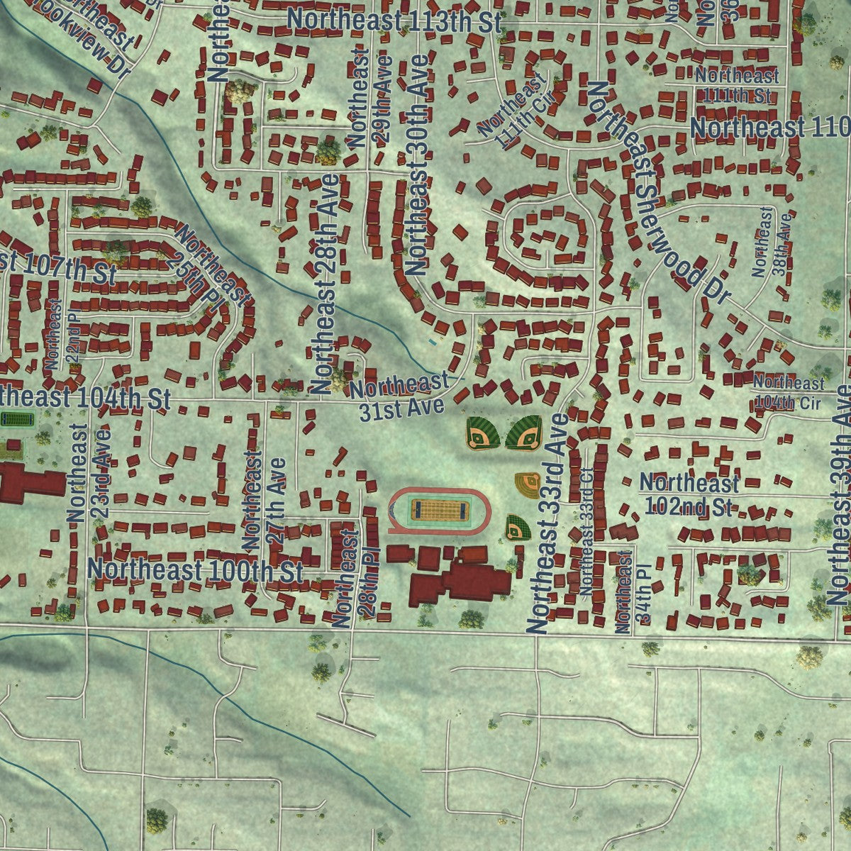 Close-up of the map of Salmon Creek, Washington print showing street and building detail