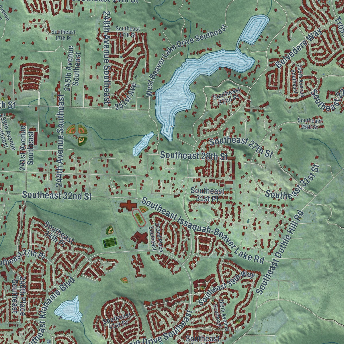 Second close-up of the map of Sammamish, Washington print showing more streets and buildings