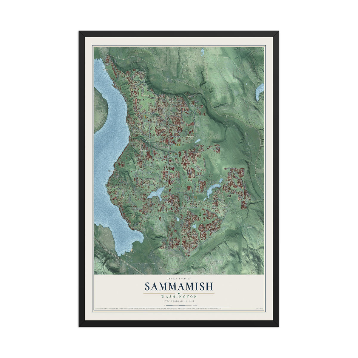 Map of Sammamish, Washington, 12 x 18 inch print in a black wood frame